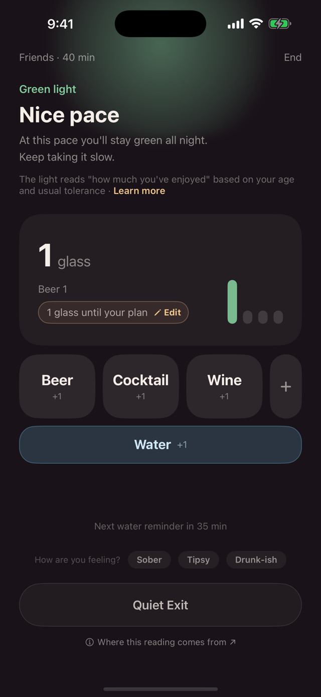Session screen — green light and drink buttons