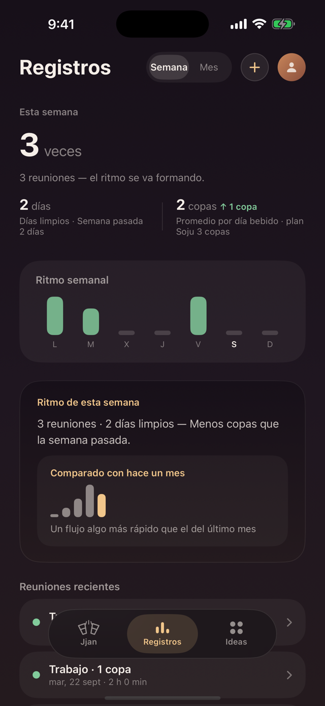 Pestaña de registros — ritmo semanal