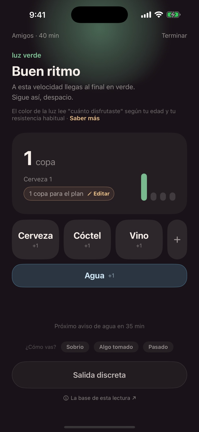 Pantalla de sesión — luz verde y botones de copa