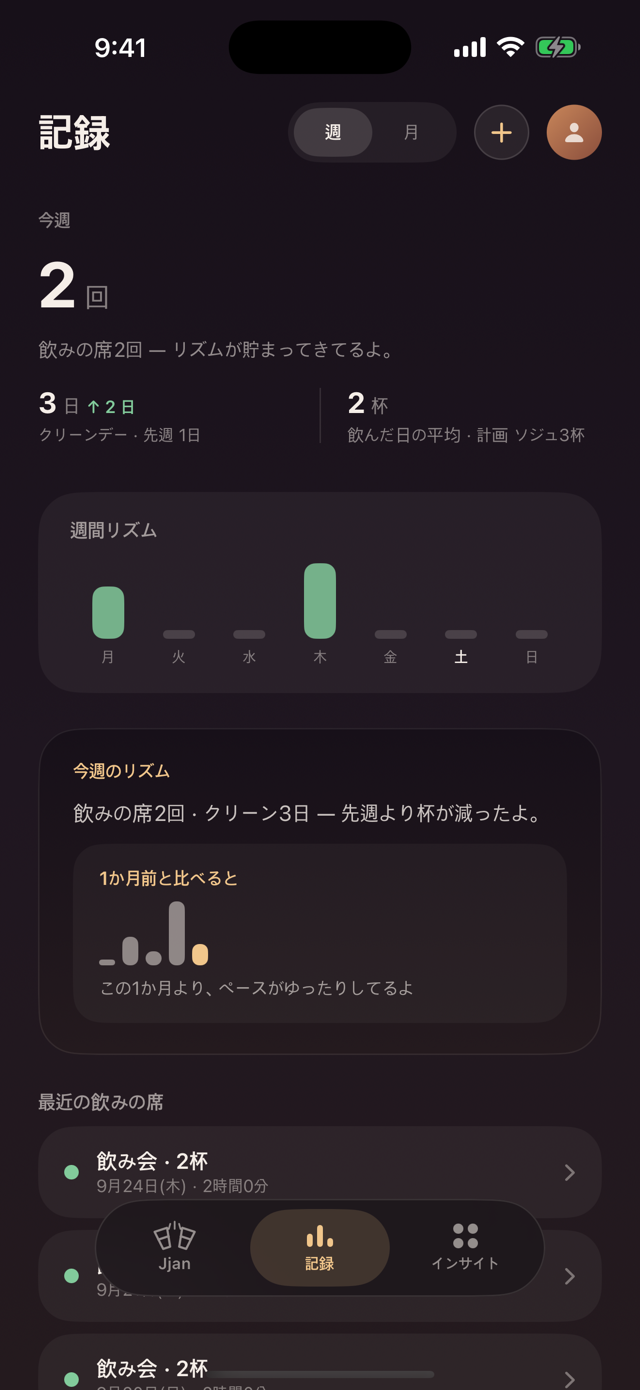 記録タブ — 週間リズム